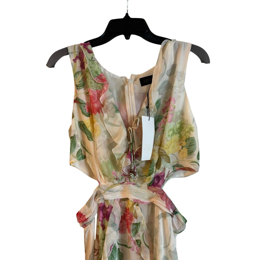 Zara Floral Print Cut-out Dress Ruffle Lace Up V Neck Slit Maxi Sleeveless M NWT - Picture 3 of 6